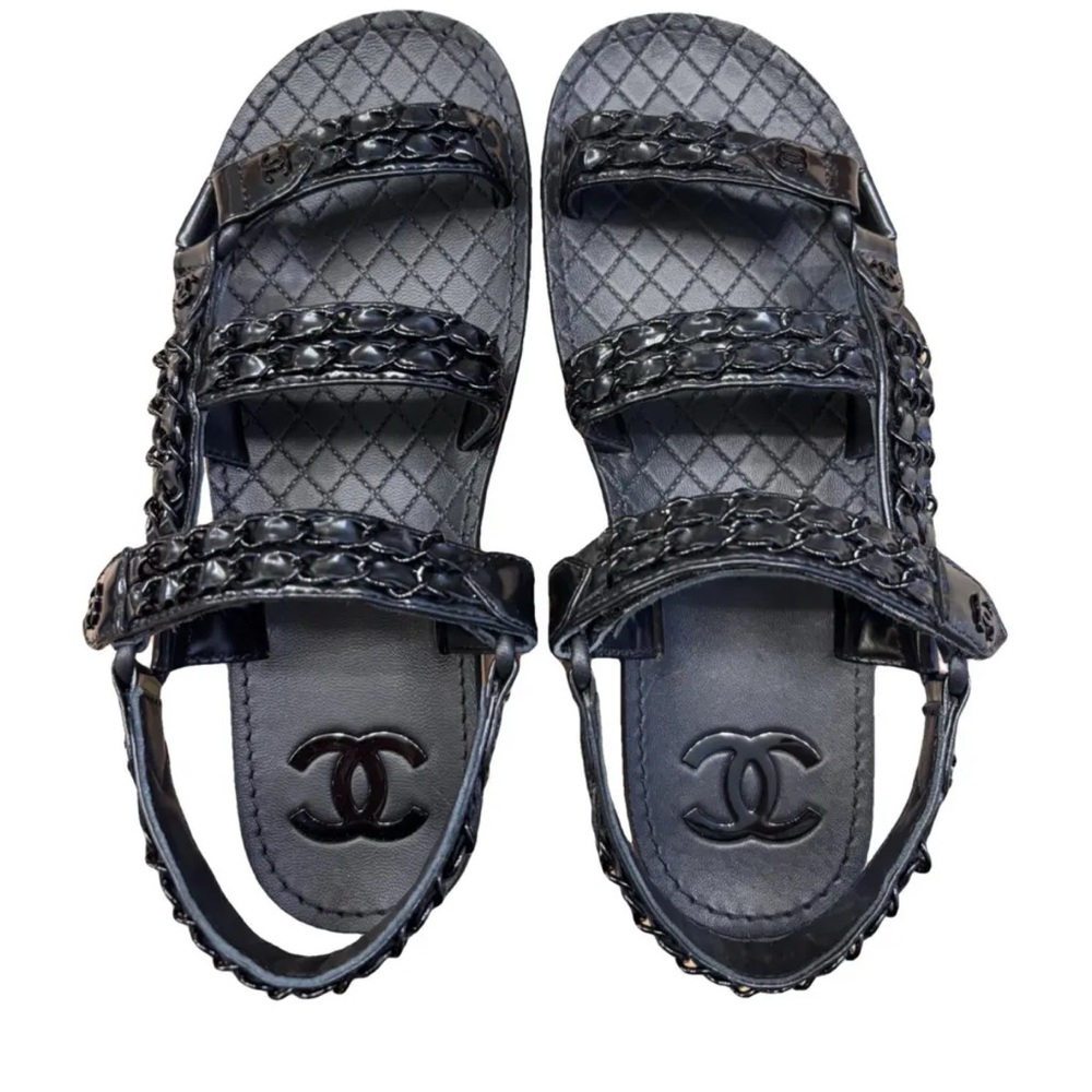 CHANEL Authentic laminated goatskin Black  Sandals 40